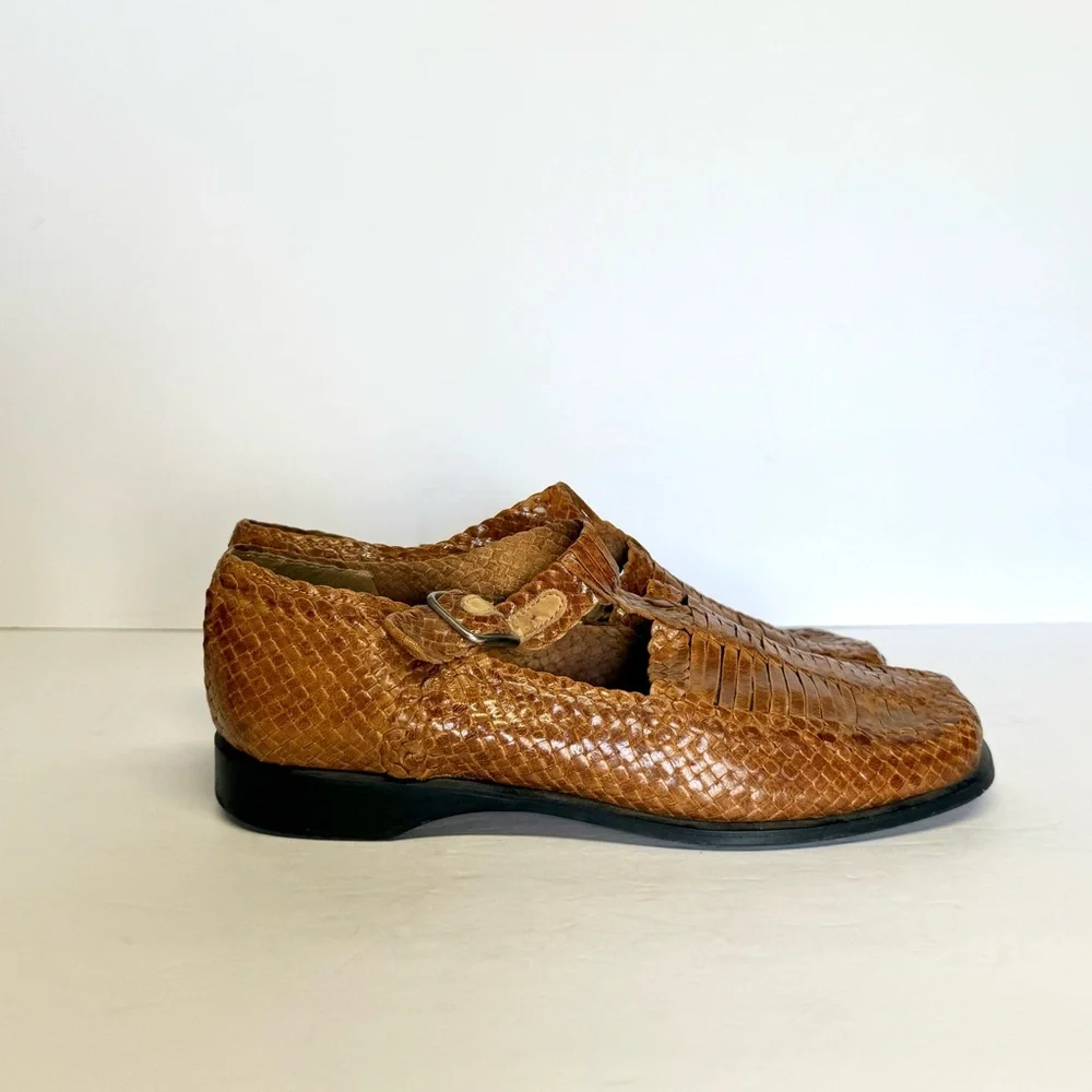 VTG France Mode Women’s Brown Woven Leather Loafer Shoes Buckle Size 5